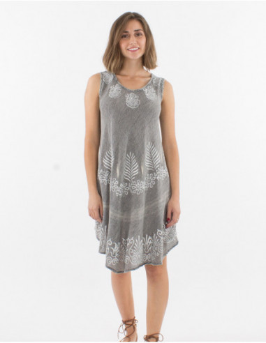 Robe grise asymétrique sans manches d'été fluide et légère pour femme motif ethnique