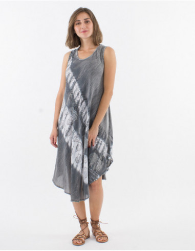 Robe de plage longue sans manches pour femme baba cool grise avec motif délavé et rosaces