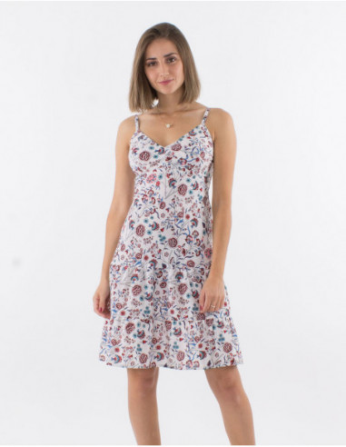 Petite robe d'été courte à fines bretelles avec volant et motif printanier fleuri blanc écru