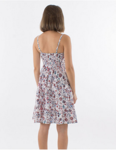 Robe évasée courte d'été femme col V et smock dans le dos unie blanche avec petites fleurs bohème