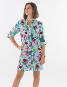 Robe boutonnée sur l'avant à manches 3/4 ajustables col V et motif estival fleurs tropicales bleu turquoise