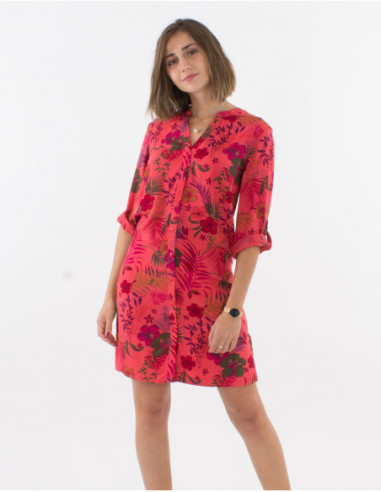 Robe courte chemise manches 3/4 réglables tropicales à fleurs hawaïennes rose corail