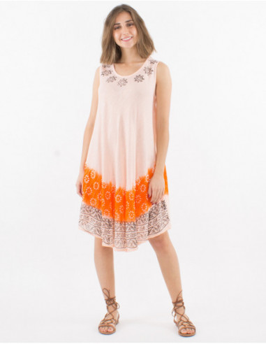 Robe de plage sans manches pour femme effet baba cool tendance avec Tye and Dye orange et motif Maori