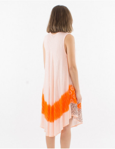 Robe mi longue asymétrique d'été débardeur hippie chic avec motif Tye and Dye orange et dessins Maori
