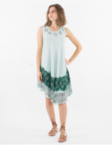 Robe de plage mi-longue sans manches colorée Tye and Dye bleu turquoise à imprimé baba cool