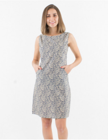 Robe courte coupe classique sans manches avec poches avant à imprimé original ethnique bleu marine