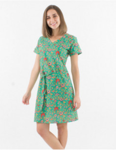Robe basique bohème vert menthe avec manches courtes et ceinture à nouer motif petites fleurs originales