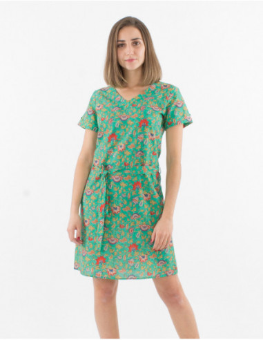 Robe basique bohème vert menthe avec manches courtes et ceinture à nouer motif petites fleurs originales