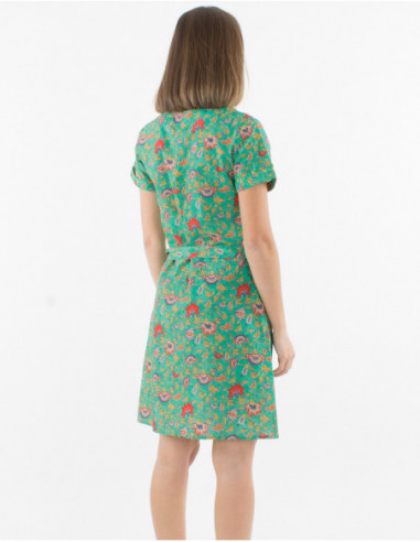Robe basique coupe cintrée à manches courtes pour l'été à imprimé bohème fleuri vert menthe