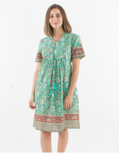 Robe mi longue originale baba cool avec détail pompons et imprimé indien cachemire vert menthe