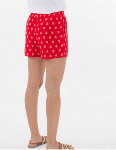 Short court femme léger et confortable avec liens à la taille et motif hippie chic de plumes rouge