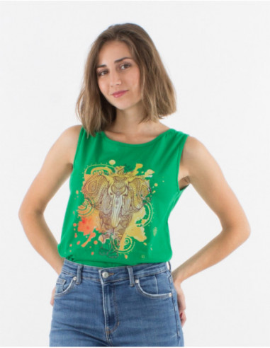 Green hippie chic tank top with elephant motif