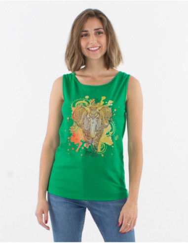 Débardeur vert original baba cool motif éléphant pour femme