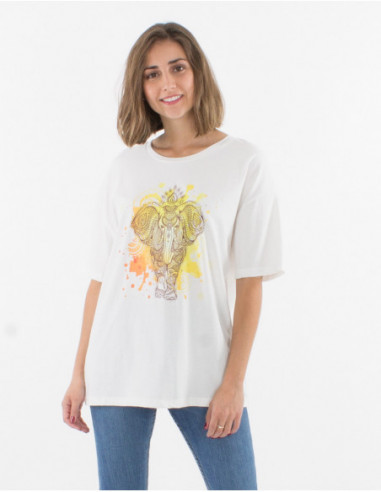 Tee-shirt blanc ample d'été femme original baba cool avec éléphant pastel