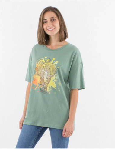 Tee-shirt femme oversize vert d'eau hippie chic motif éléphant