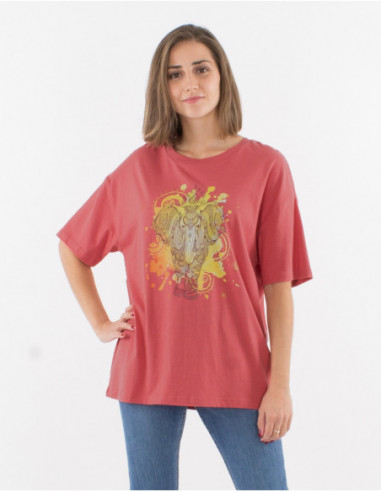 T-shirt manches courtes vieux rose femme hippie motif éléphant