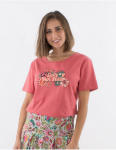 T-shirt manches courtes vieux rose femme uni avec motif hippie fleurs