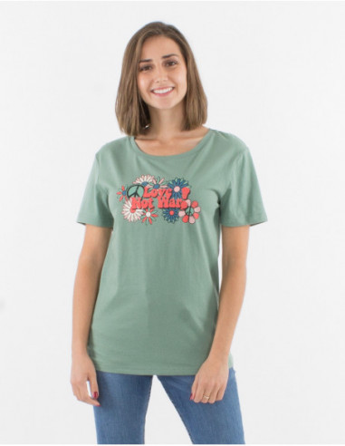 T-shirt manches courtes femme uni vert d'eau motif coloré hippie love