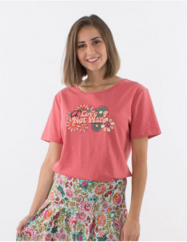 T-shirt manches courtes vieux rose femme uni avec motif hippie fleurs