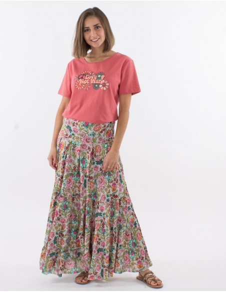 Tee-shirt manches courtes femme uni vieux rose motif coloré hippie love