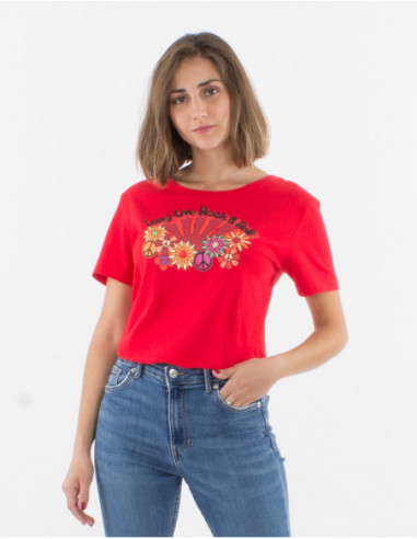 T-shirt basique rouge femme motif peace and love hippie