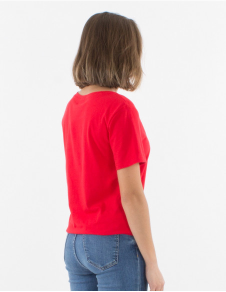 Tee-shirt femme manches courtes uni rouge motif baba cool fleurs