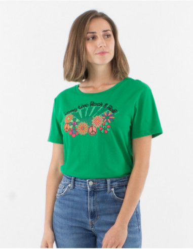 T-shirt basique vert femme motif peace and love hippie
