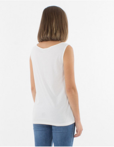 Débardeur d'été écru pour femme avec motif hippie bleu vans et cocotier