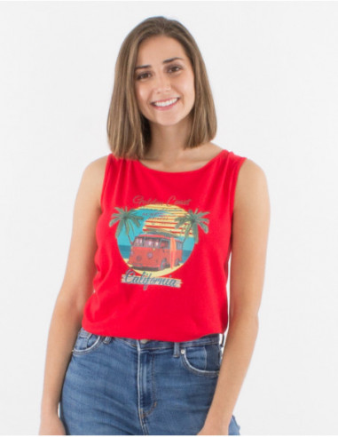 Red sleeveless tank top with California hippie vans pattern