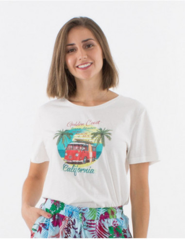 T-shirt basique écru femme motif baba cool vacances été