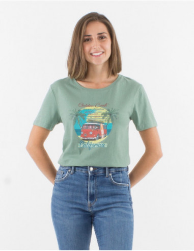 Tee-shirt femme basique et original vert d'eau motif hippie chic été