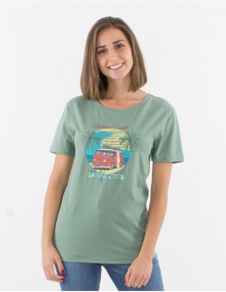 Tee-shirt manches courtes femme uni vert d'eau motif coloré vans et cocotier été 2022