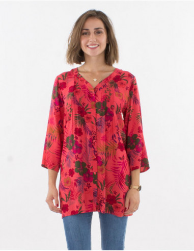 Tunique femme manches 3/4 fluide colorée corail à fleurs