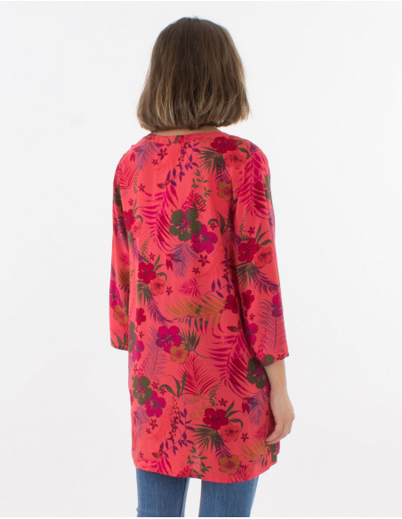 Tunique femme manches 3/4 corail avec fleurs hawaïennes
