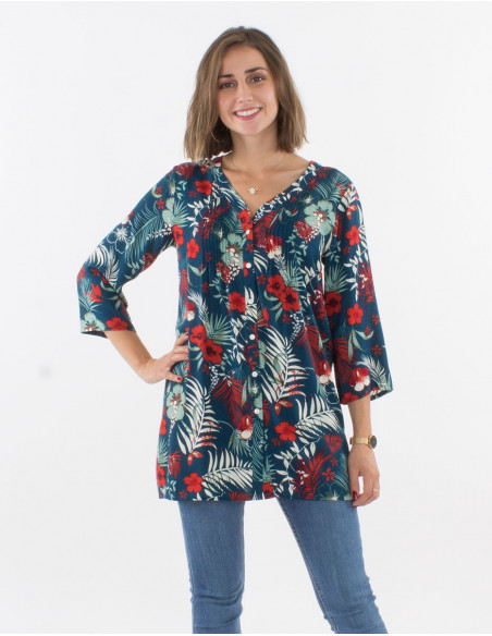 Hawaiian tunic with buttons 3/4 sleeves