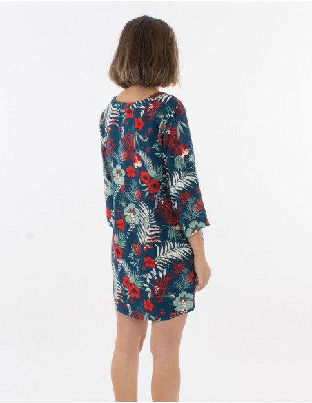 Tunique bleu marine femme fluide avec fleurs colorées originales