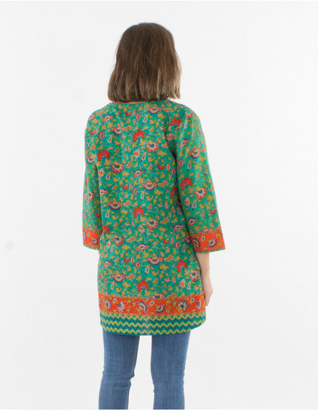 Tunique femme manches 3/4 coupe droite à imprimé boho chic vert menthe