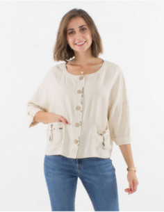 Petite veste d'été pour femme chic avec lin et boutons unie écru