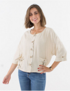 Petite veste d'été pour femme chic avec lin et boutons unie écru 2