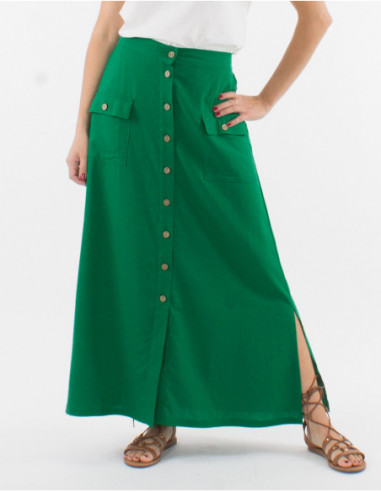 Jupe longue effet bohème unie verte à boutons pour femme avec lin et viscose