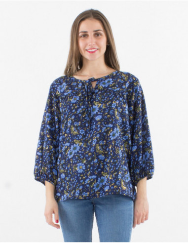 Blouse droite manches longues pour femme à imprimé bohème chic bleu scintillant