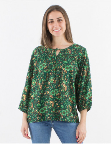 Blouse droite manches longues pour femme à imprimé bohème chic vert scintillant