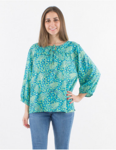 Blouse droite à manches 3/4 originale pour femme à imprimé vert menthe végétal boho chic