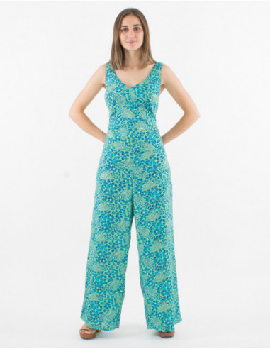 Combinaison pantalon fluide originale pour l'été à larges bretelles et imprimé bohème chic vert menthe argent