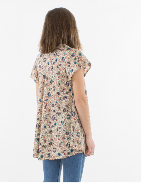 Blouse fluide à manches courtes écru d'été avec imprimé petites fleurs boho chic