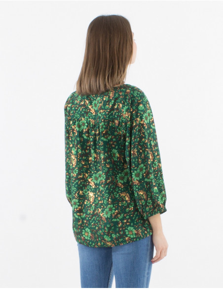 Blouse fluide printanière boho chic à fleurs vertes et dorées et manches 3/4 resserrées