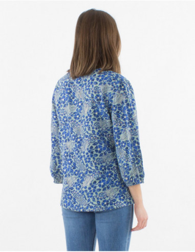 Chemise femme bleu coupe droite et manches 3/4 imprimé végétal original