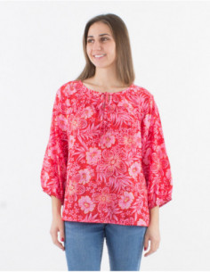 Haut d'été à manches 3/4 ballon et col avec liens couleur estivale rose fuchsia et fleurs hawaïennes originales