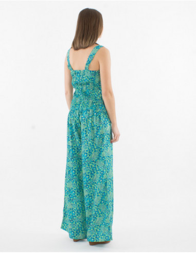 Combinaison pantalon sans manches légère et boho chic motif feuilles vert menthe et notes argentées agréable à porter pour l'été