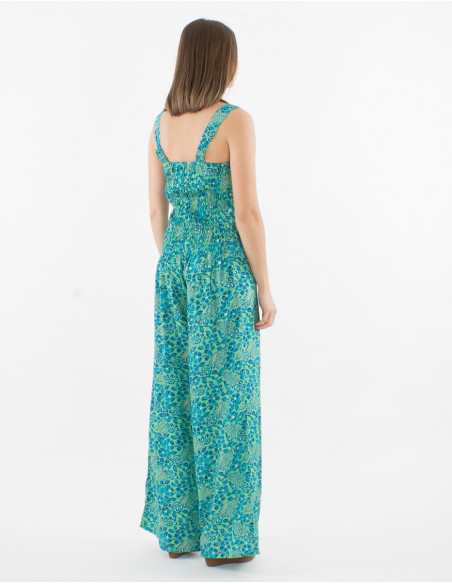 Combinaison pantalon sans manches légère et boho chic motif feuilles vert menthe et notes argentées agréable à porter pour l'été